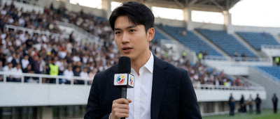 体育新闻采访现场，记者在赛场边进行报道
