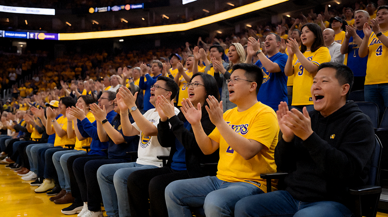V体育NBA季后赛湖人队对阵勇士队比赛现场，球馆内观众热情高涨
